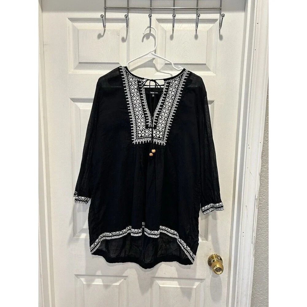 Relativity Black And White‎ Peasant Boho Blouse Embroidered Women’s Large
